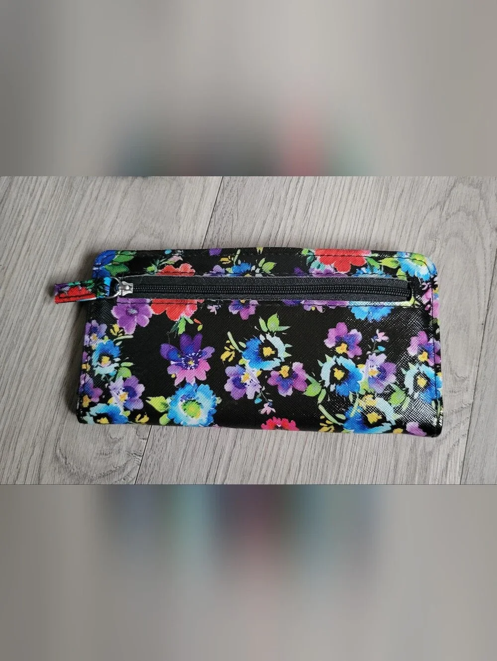 Black Floral Pink & Blue Slim Cardholder Wallet + Zippered Back Pocket, 7